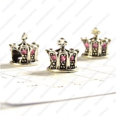 Bu-Met-000088 - Бусина - корона - розовые стразы - под старинное серебро