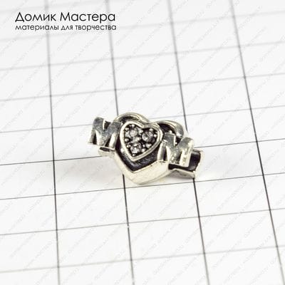 Bu-Met-000187 - бусина, "MOM", бижутерный сплав, с фианитами, для евробраслетов, 16х10х8мм