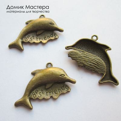 F-Pod-b-000192 - подвеска, двусторонняя, "под бронзу", бижутерный сплав, дельфин, 34х28мм