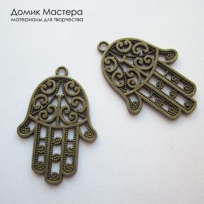 F-Pod-b-000190 - подвеска, двусторонняя, "под бронзу", бижутерный сплав, хамса, 45х30мм